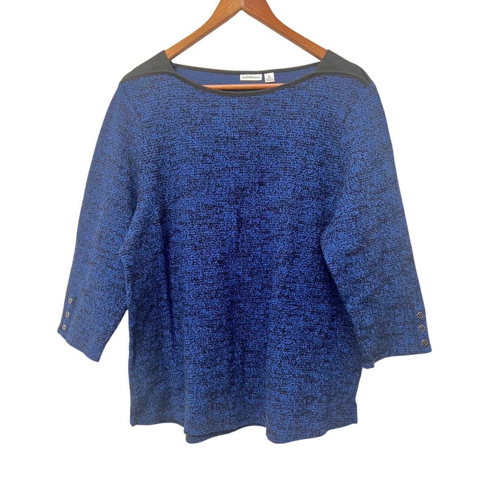 Croft & Barrow Womens Blue Black Textured Knit 3/4 Sleeve Boat Neck Sweater XL‎